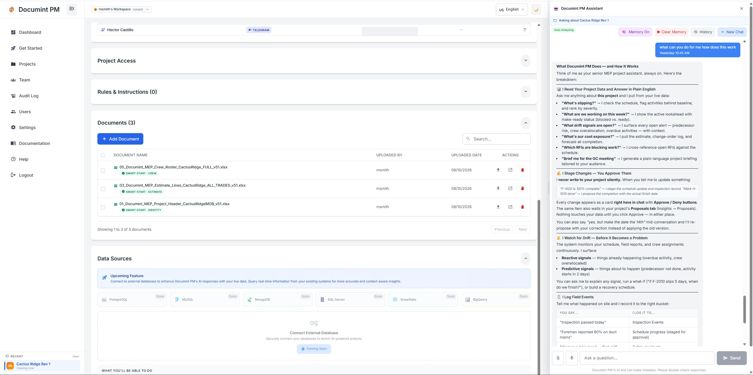 Documint PM workspace with the documents table, connected data sources, and TIA on the right explaining how it reads project data and stages changes for approval